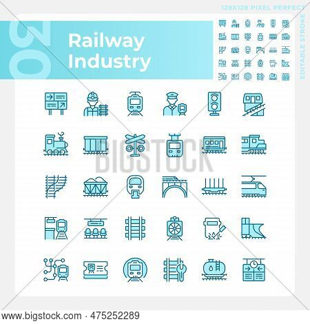 Railway Industry Pixel Perfect Blue Rgb Color Icons Set. Railroad Company. Rail Transport. Train Sta