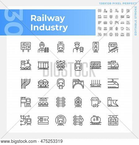 Railway Industry Pixel Perfect Linear Icons Set. Railroad Company. Rail Transport. Train Station. Cu