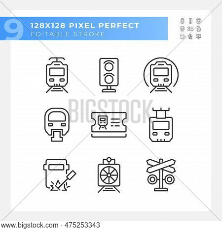 Railroad Company Pixel Perfect Linear Icons Set. Train Transportation. Locomotive Engineering. Rail 