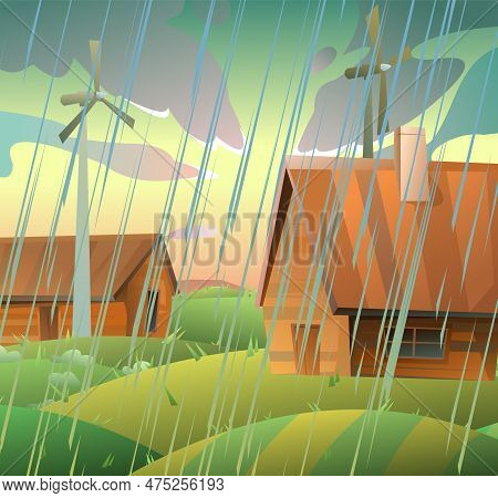 Summer Rain On Farmstead. Farmer House And Farm Garden. Landscape With Rain Weather. Jets Of Water P