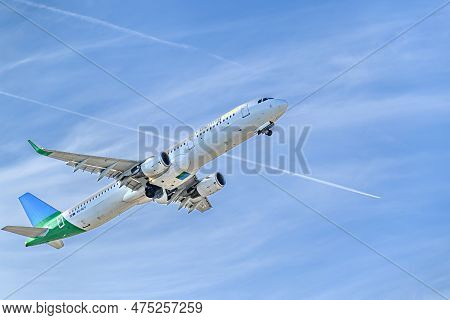 Barcelona, Spain; March 12, 2023: Airbus A321 Airplane Of The Vueling Company, Taking Off From The J