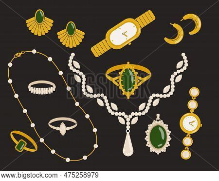 Set Of Jewerly. Collection Of Gold Earrings, Bracelets And Chains With Lamaze. Luxury And Wealth. El