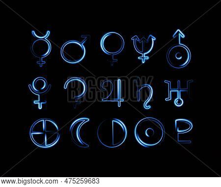 Vector Isolated Illustration Of Planet Icons Set. Astrological Designations. Neon Signs Of The Plane