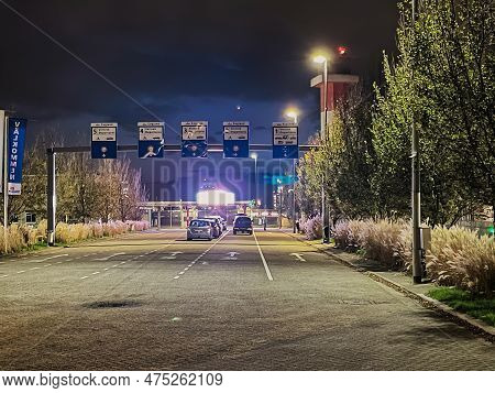 Rotterdam, Netherlands - November 22 2021 :cars Are Awaiting In Lines At Night To Be Able To Board A