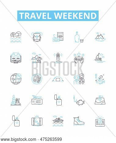Travel Weekend Vector Line Icons Set. Vacation, Trip, Weekender, Getaway, Holiday, Tour, Cruise Illu