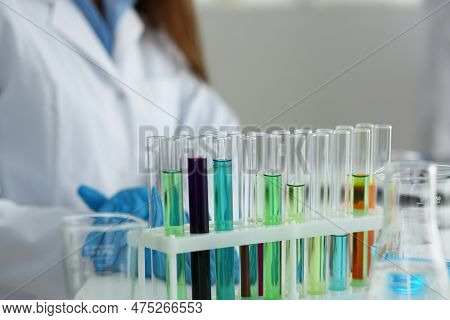 Colored Toxic And Poisonous Liquids In Test Tubes In Laboratory. Analysis Of Liquids In Test Tubes I
