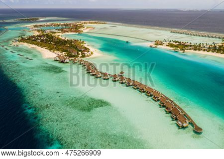 Amazing Bird Eyes View In Maldives Island Ehmafushi Crossroads Maldives At Sunrise. Aerial Drone Sho