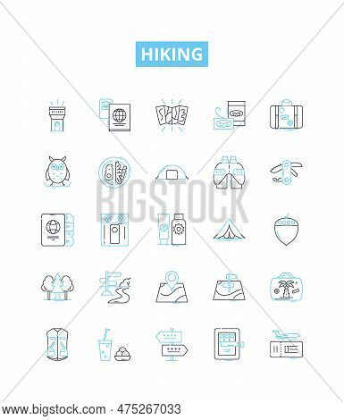 Hiking Vector Line Icons Set. Hiking, Trail, Walking, Trekking, Path, Natural, Climb Illustration Ou