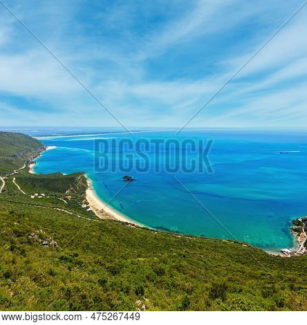 Summer Sea Coastal Landscape With Sandy Portinho Beach. Top View From Nature Park Of Arrabida In Set