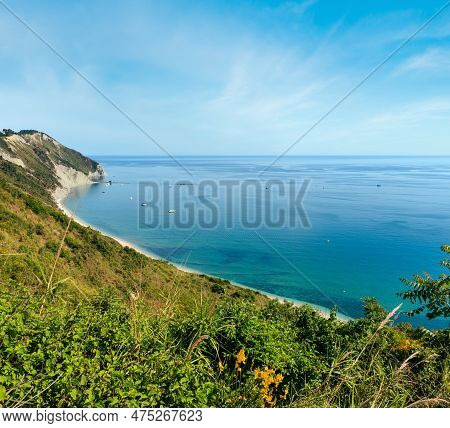 Summer Adriatic Sea Bay And Spiaggia Mezzavalle Beach Near Portonovo And Ancona Towns In The Marche 