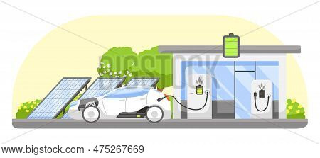 Electric Car Charging Full Battery. Ecology Day And Environment Concept Of Green Eco City With Alter