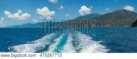 Beautiful Summer Levanto Village Coast View From Excursion Ship. Right Near Famous  Cinque Terre Nat