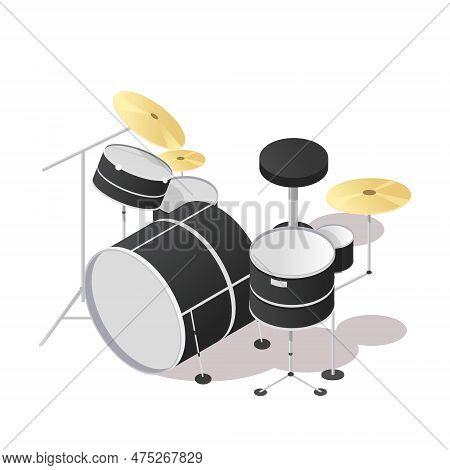 Music Instrument Drum Kit Isolated On White Background. Isometric 3d Element In Vector Design Style 