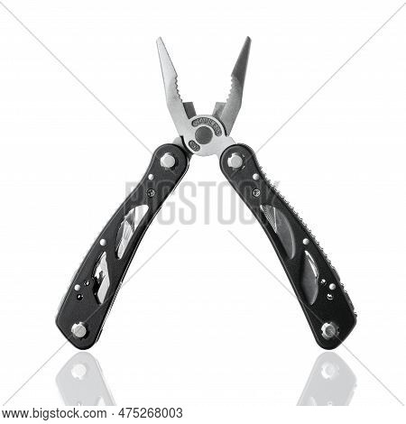 Steel Multitool Isolated On White Background. Opened Multitool With Pliers, File, Blade, Screwdriver