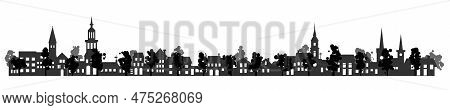 Old Village Rural Stylized Silhouette. Suburb With Small House, Church, Tree And Garden In Residenta