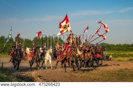 Gniew, Poland, Aug 2020 Castellan Leading The Charge Of The Hussars, Polish Heavy Cavalry, On Enemy 