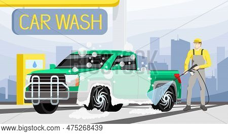 Car Wash Service Banner. Automotive Cleaning Station. Carwash Process Promotion. Worker Wash Dirty C