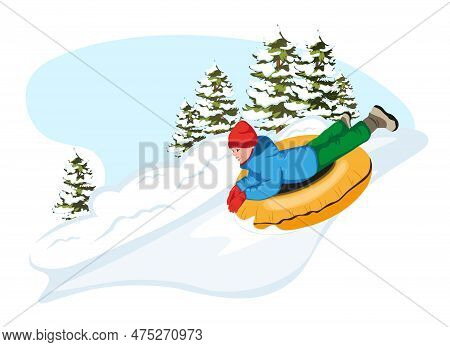 Young Boy In Snow Tubing Smiling And Riding Down On Slope. Kid Character Enjoying Of Winter Activity