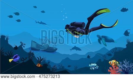 Diver With Gear Found Wreck Ship. Snorkeling Deep Underwater Seascape Near Sunken Boat In Coral Reef