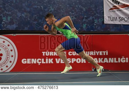 Istanbul, Turkey - March 05, 2022: Luka Janezic Running During Balkan Athletics Indoor Championships