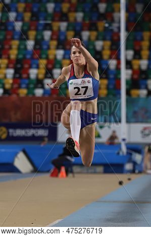 Istanbul, Turkey - March 05, 2022: Paola Borovic Triple Jumping During Balkan Athletics Indoor Champ