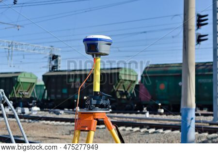 Geodetic Gnss Receiver In The Field In Siberia, Mounted On A Tripod