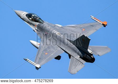 F-16 Fighting Falcon Fighter Jet From The Belgian Air Force In Flight Over Florennes Air Base. Flore