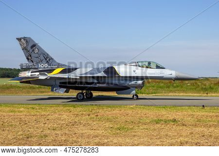 Belgian Air Force F-16 Fighter Jet Plane Taxiing To The Runway At Florennes Air Base, Belgium - June