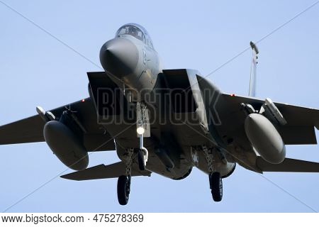 Us Air Force F-15 Eagle Fighter Jet Arriving At Leeuwarden Air Base. The Netherlands - April 19, 201