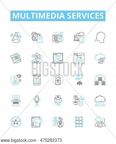 Multimedia Services Vector Line Icons Set. Multimedia, Services, Audio, Video, Animation, Messaging,