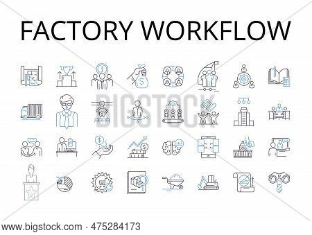 Factory Workflow Line Icons Collection. Company Procedures, Business Structure, Organizational Proce