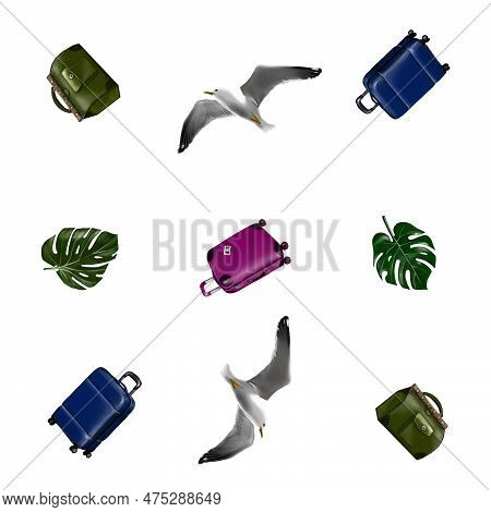 Uggage, Pattern, Baggage, Set Of Suitcases, Bags, Umbrella, Monstera, Gull On A White Background