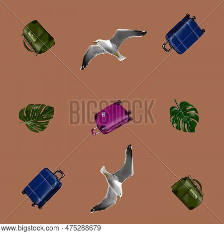 Uggage, Pattern, Baggage, Set Of Suitcases, Bags, Umbrella, Monstera, Gull On A Braun Background