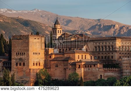 Charles V Palace And Church Of Santa Maria De La Alhambra In Medieval Fortress Complex With Sierra N