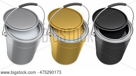 Set Of Metal Cans Or Buckets Of Paint With Handle On White Background.
