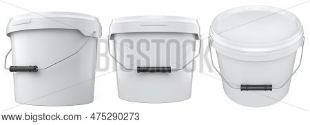 Set Of Plastic Cans Or Buckets Of Paint With Handle On White Background.