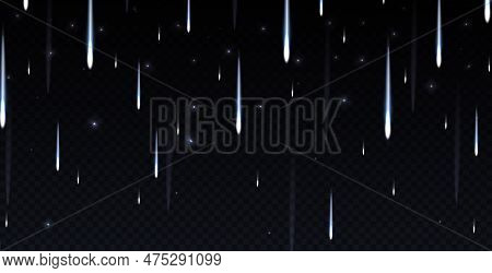 Realistic Blue Light Effect Of Meteor Rain In Sky. Meteorites On Transparent Background, Realistic 3