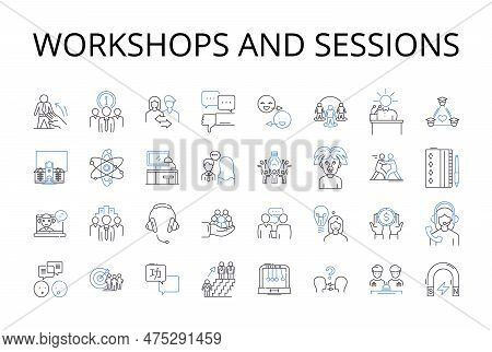 Workshops And Sessions Line Icons Collection. Seminars And Lectures, Talks And Speeches, Classes And