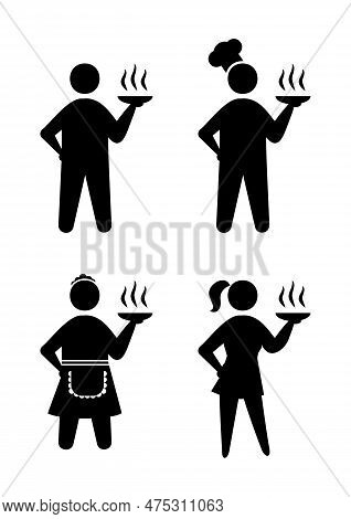 Icons With Person Fiures Holding A Plate With Steaming Food. Cook, Waiter, Waitress With Dish As A S