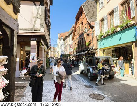 Ribeauville, France, Sep 22, 2022: A Lively City Street In Ribeauville, France With A Bustling Marke