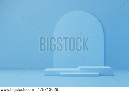 Light Blue Cosmetics Podium. Fashion Showcase Space, Exhibition Gallery Empty Platform Base Or Studi