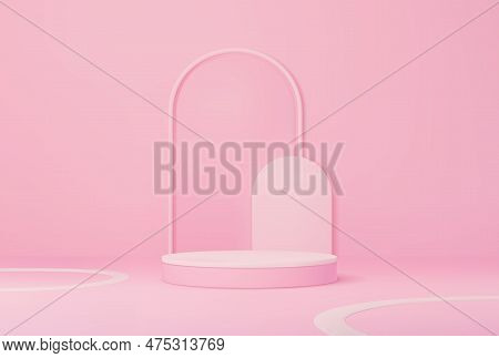Pink Podium With Arch On Background, Product Display Round Stand, Vector Base Platform. Pink 3d Podi