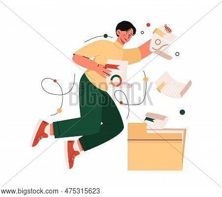 Archivist With Folder. Man Gets Sheets Of Paper With Graphs And Diagrams. Paperwork, Young Guy Near 