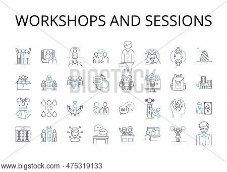 Workshops And Sessions Line Icons Collection. Seminars And Lectures, Talks And Speeches, Classes And