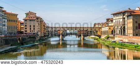 Florence Ponte Vecchio Bridge And City Skyline In Italy. Florence Is Capital City Of The Tuscany Reg