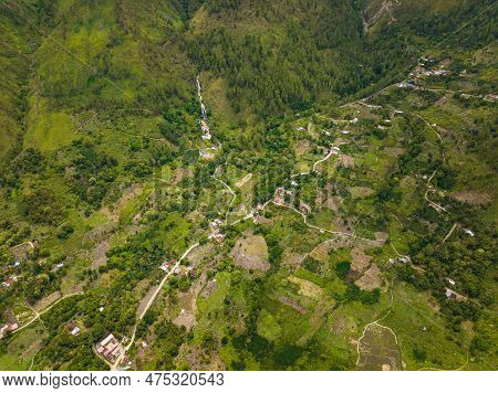 Aerial View Of Mountain Valley With Farmland. Agricultural Landscape In Sumatra. Indonesia.