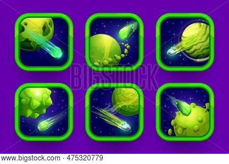 Cartoon Space Game App Icons. Green Planets And Comets Vector Ui Or Gui, Game Interface Assets. Mobi