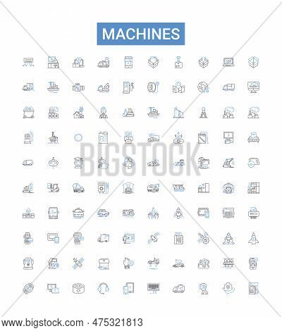 Machines Outline Icons Collection. Robots, Automata, Engines, Automation, Computers, Motors, Gensets