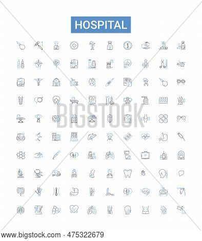 Hospital Outline Icons Collection. Hospital, Clinic, Facility, Care, Treatment, Medicine, Ward Vecto