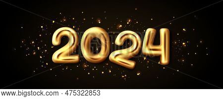 2024 Gold 3d Chrome Letter Glitter Splatter Design. Number Font With Twenty And Four Isolated Elemen